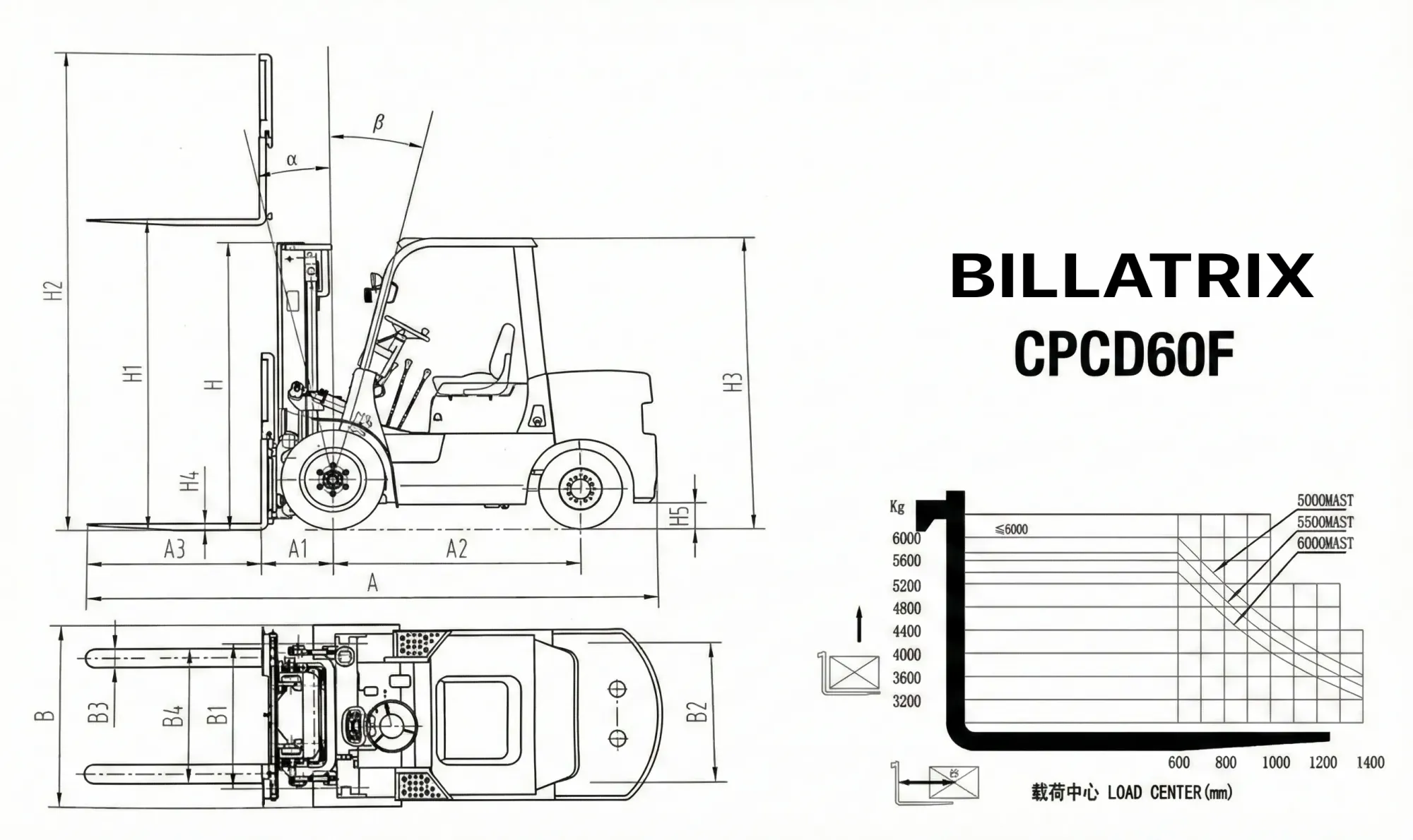 BILLATRIX CPCD60F Дизельный автопогрузчик, грузоподъемность 6000 кг, 3 метра